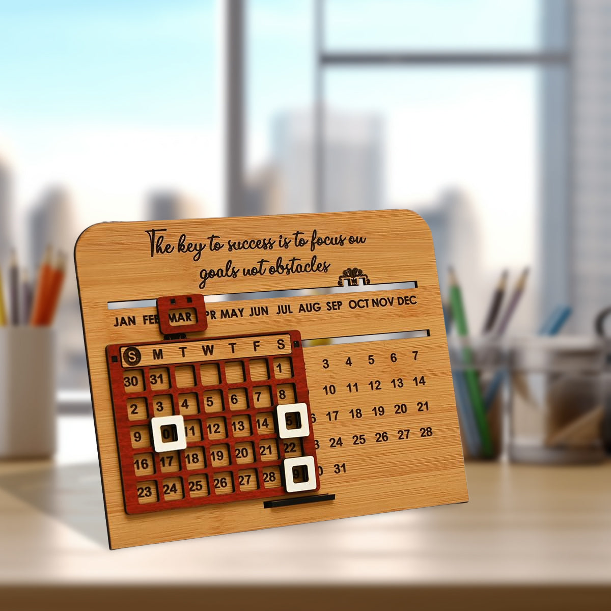 Perpetual Lifetime Desk Calendar with Sliding Date Tracker | MDF
