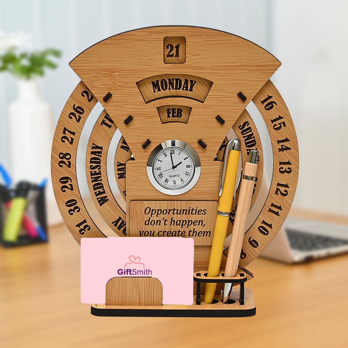 Perpetual Lifetime Desk Calendar with Clock & Organizer | MDF