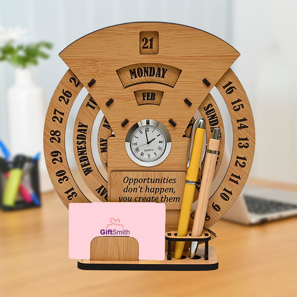 Perpetual Lifetime Desk Calendar with Clock & Organizer | MDF