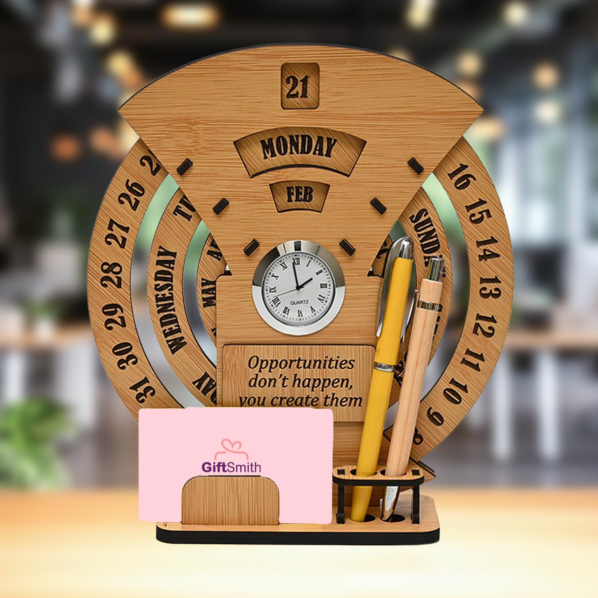 Perpetual Lifetime Desk Calendar with Clock & Organizer | MDF