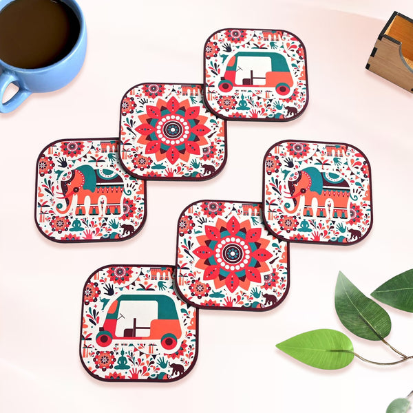 Rajasthani Art Print Coasters Set of 6 with Wooden Stand | MDF