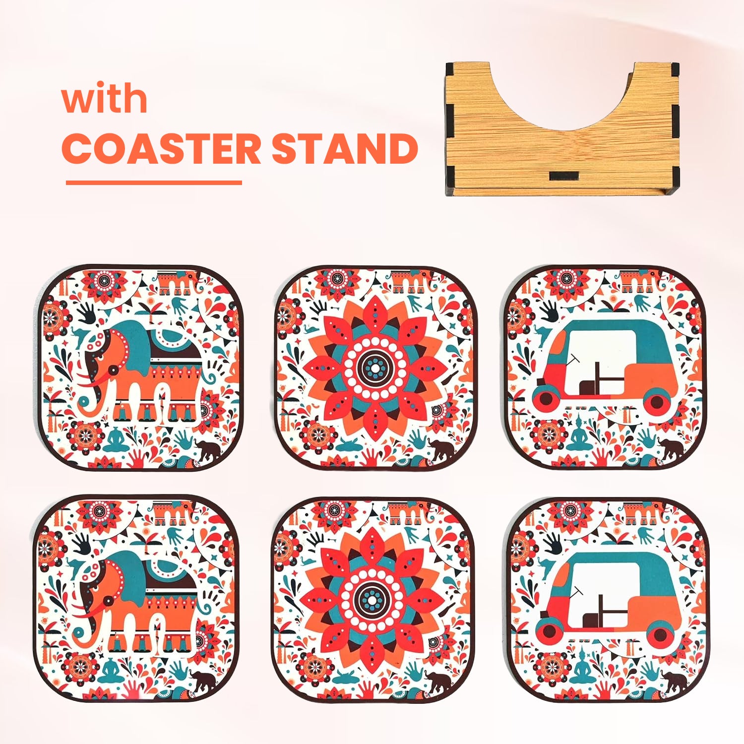 Rajasthani Art Print Coasters Set of 6 with Wooden Stand | MDF