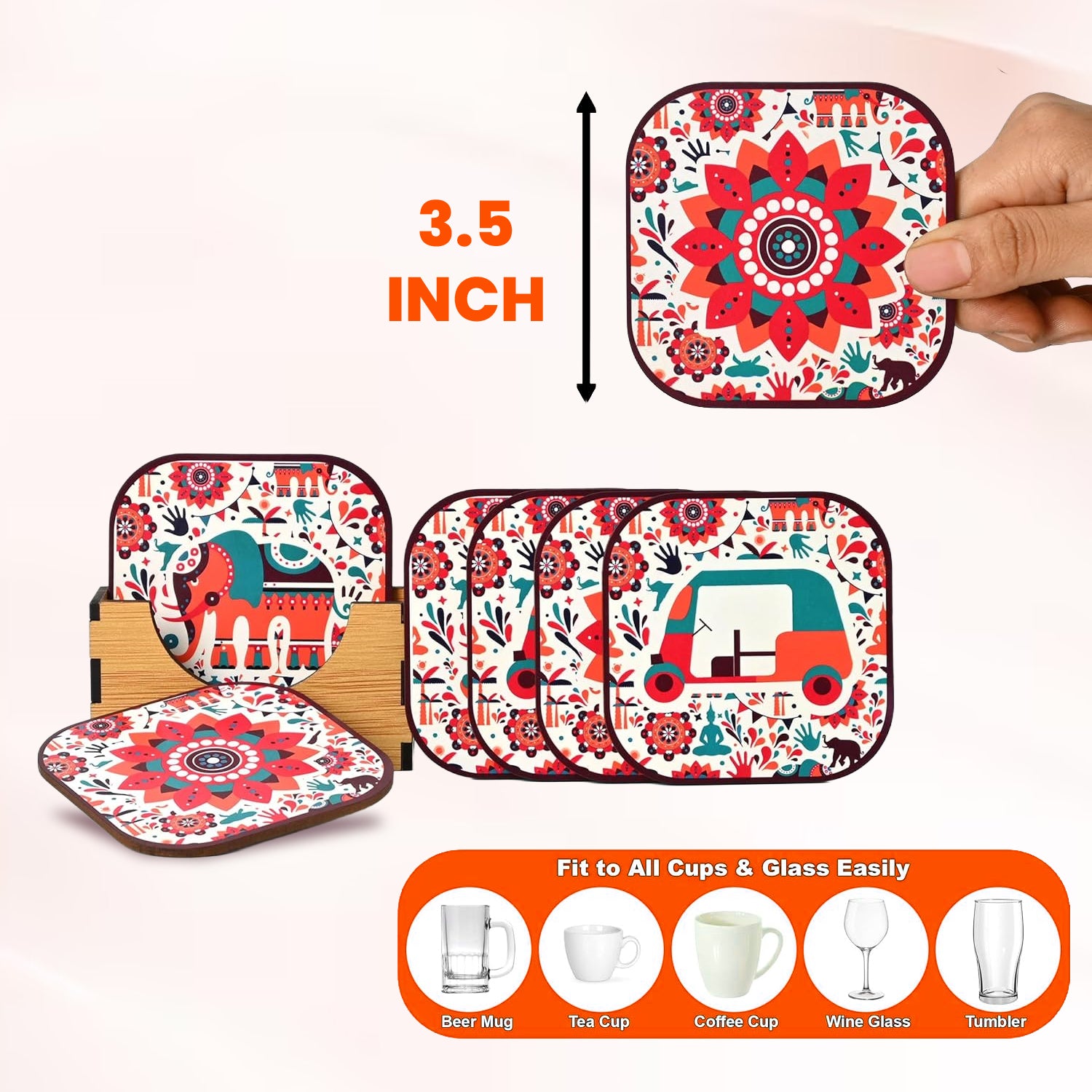 Rajasthani Art Print Coasters Set of 6 with Wooden Stand | MDF