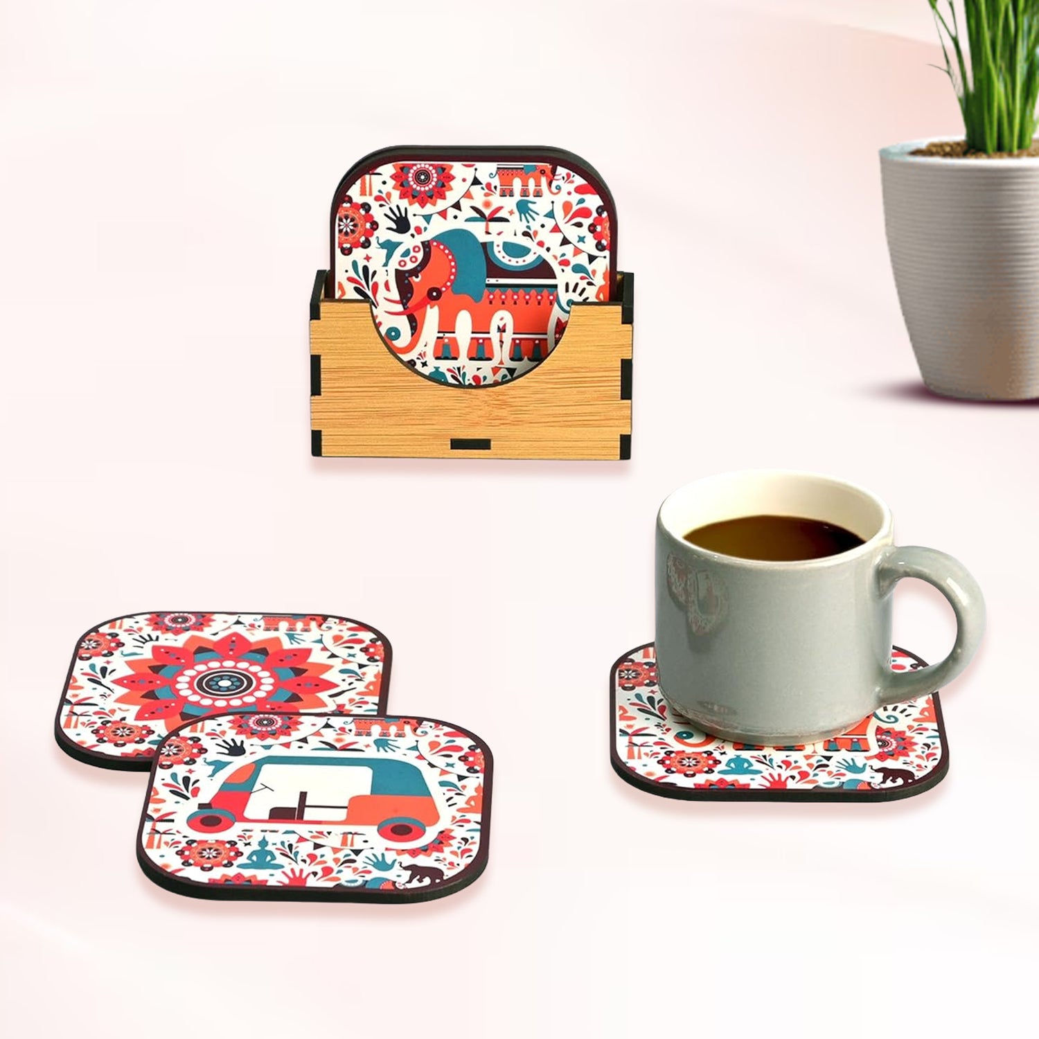 Rajasthani Art Print Coasters Set of 6 with Wooden Stand | MDF