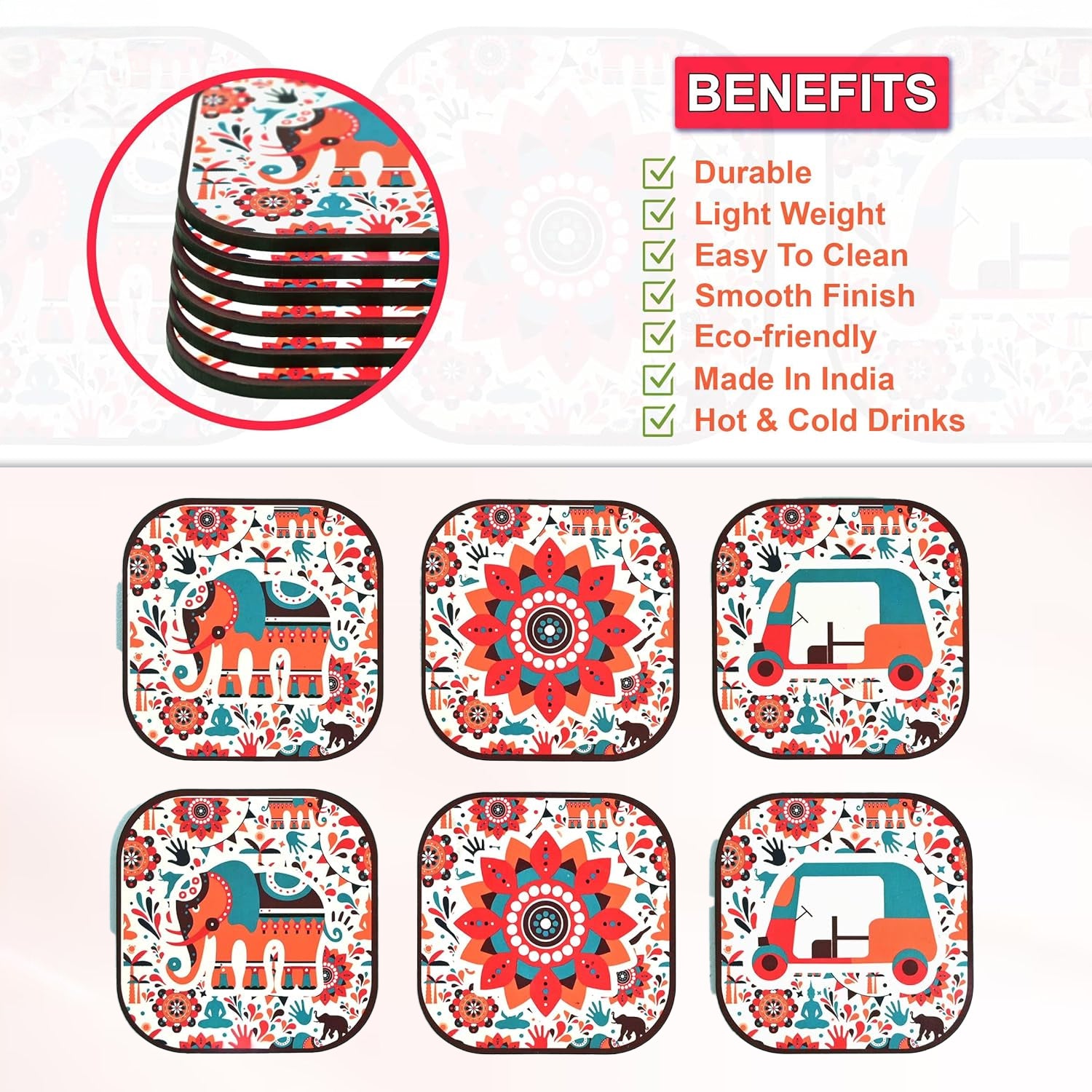 Rajasthani Art Print Coasters Set of 6 with Wooden Stand | MDF